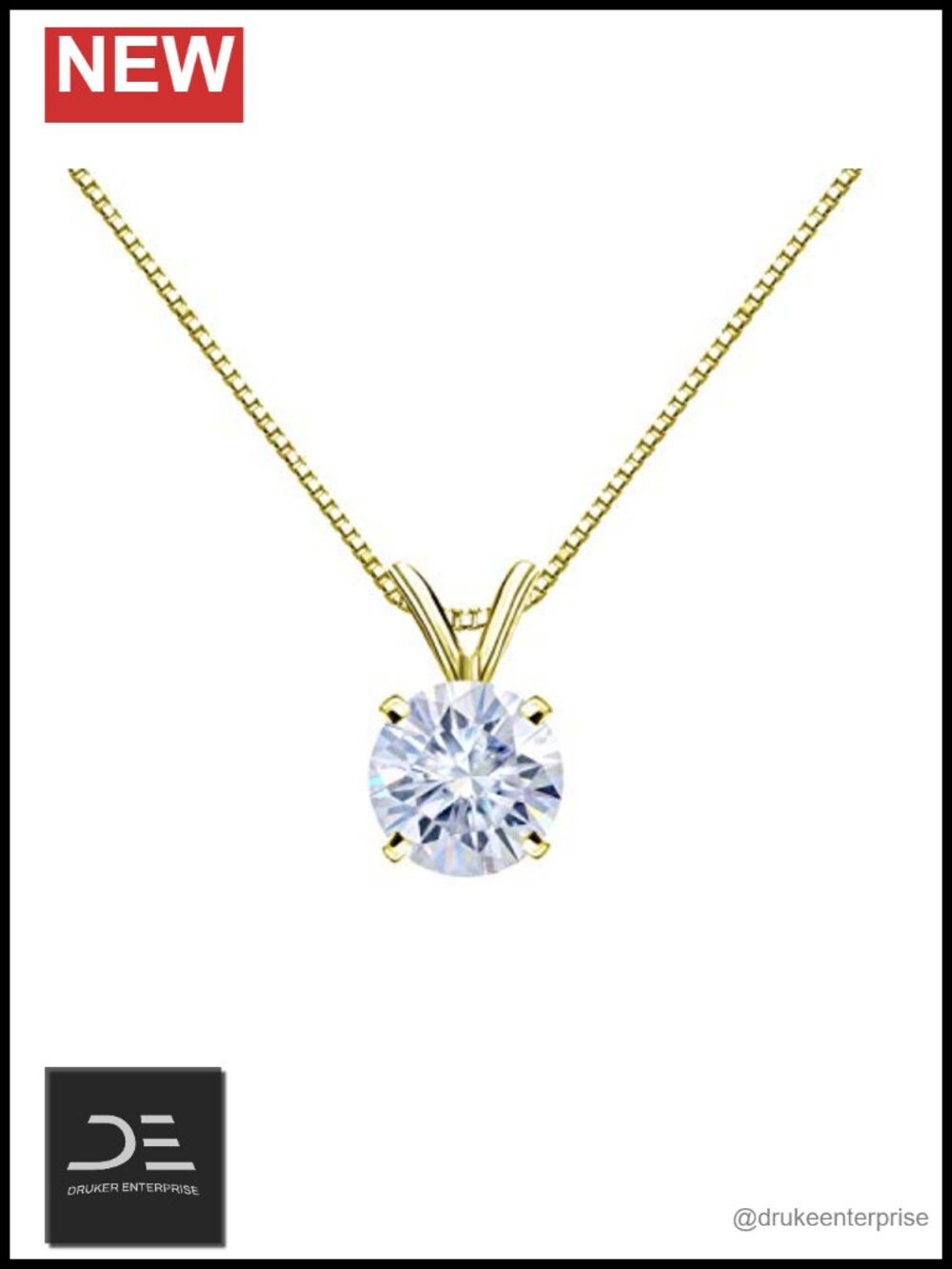 14k Yellow Gold Moissanite Solitaire Pendant Necklace Adjustable 16-18"